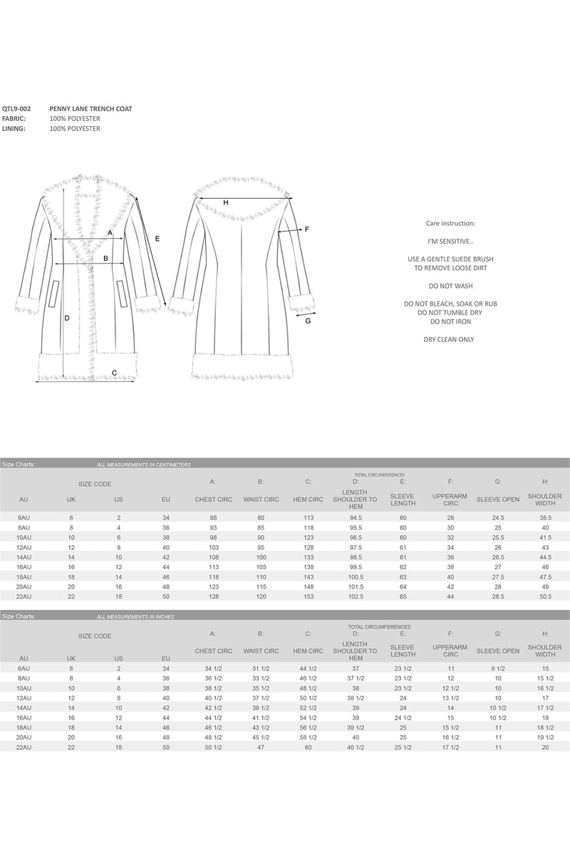 QTLS-002 Penny Lane Trench Coat Size Chart