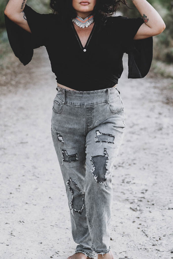 Boyfriend Jeans Patched - Washed Charcoal