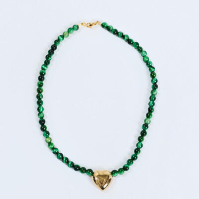 Timeless Pearly Necklace With Green Beads And Heart Multi