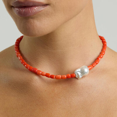 Timeless Pearly Necklace Orange With Pearl Baroque Multi