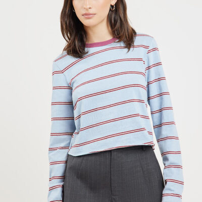 Bassike Stripe Long Sleeve Tee Pale Blue/Burgundy