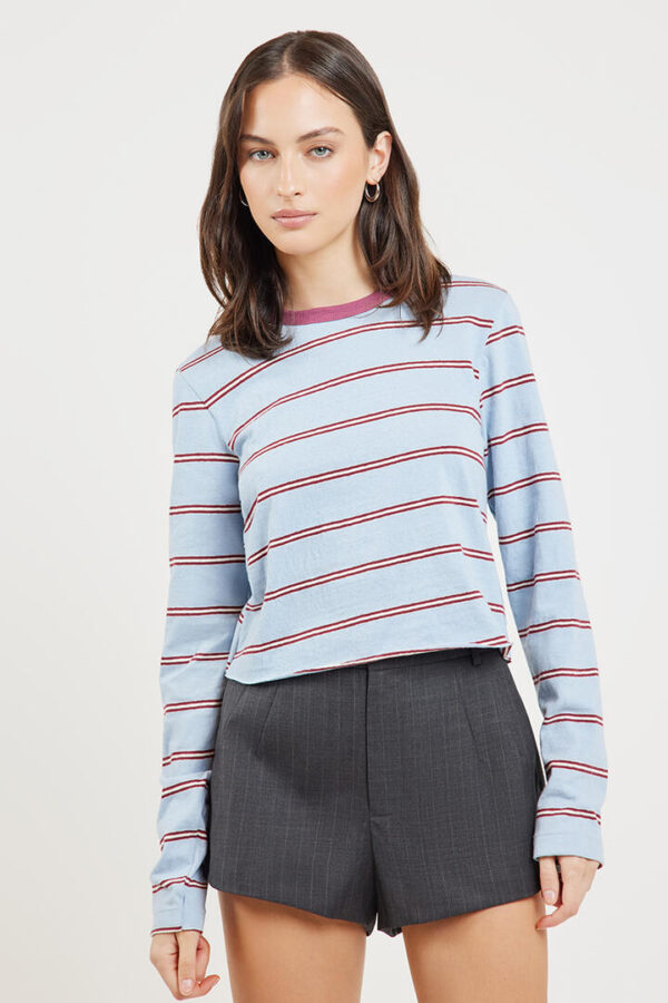 Bassike Stripe Long Sleeve Tee Pale Blue/Burgundy