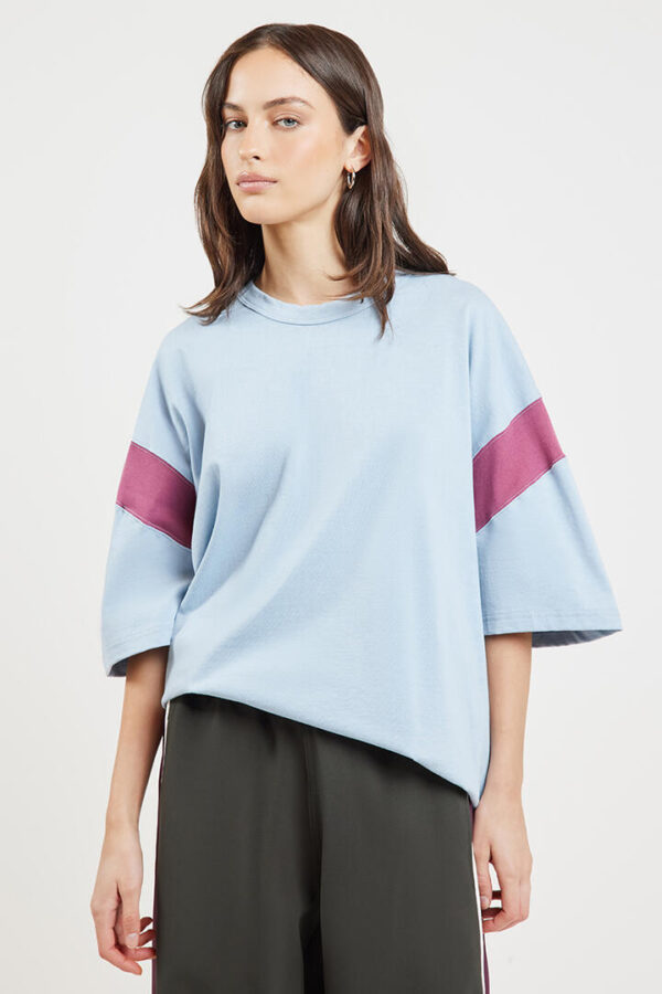 Bassike Oversized Rib Detail T-Shirt Pale Blue/Burgundy
