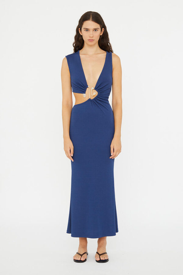 Christopher Esber Spiral Crystal Cutaway Dress Blue Indigo